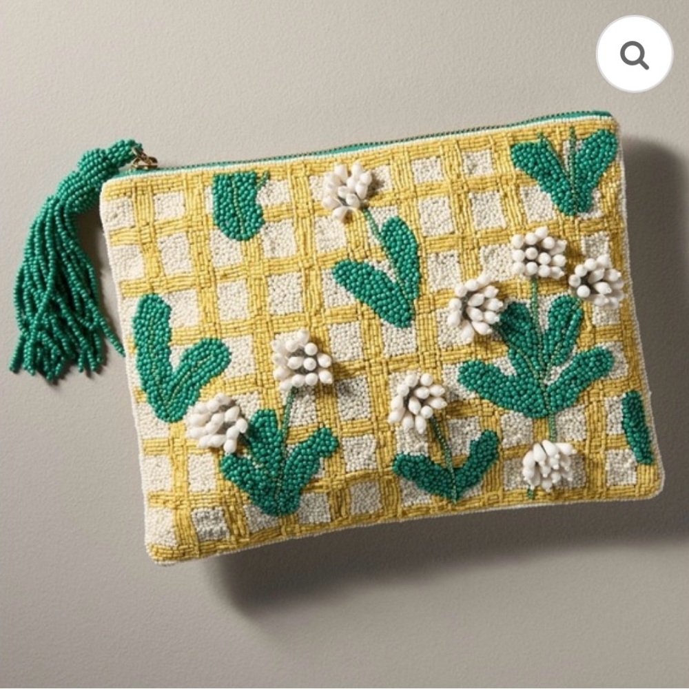 NWT $88 Anthropologie Yellow Lattice Floral The Fiona Large Beaded Pouch
